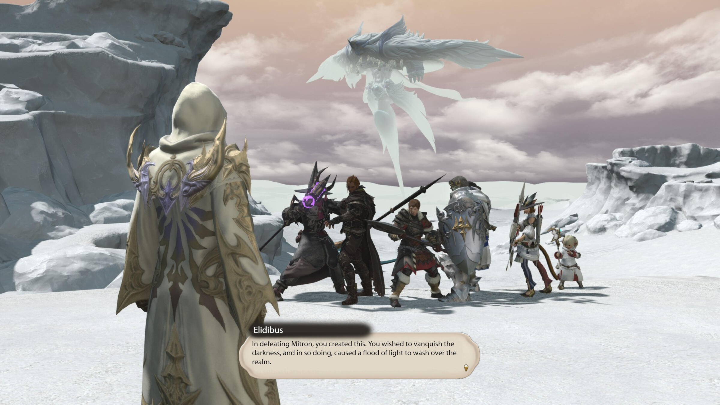 Elidibus seems unphased, camera shot from behind him, he says "In defeating Mitron, you created this. You wished to vanquish the darkness, and in so doing, caused a flood of light to wash over the realm”