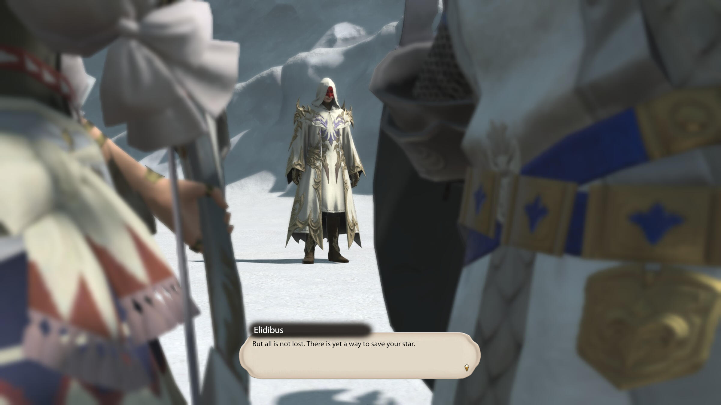 Camera shot from between the warriors of light, focused on Elidibus, who says "But all is not lost. There is yet a way to save your star"