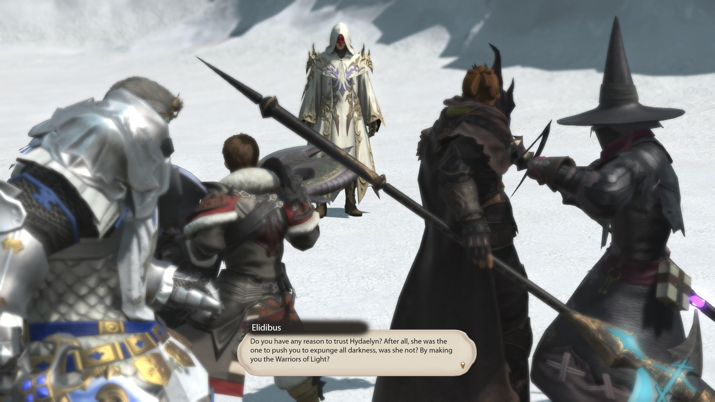 Focus on Elidibus from behind the Warriors of Light. Elidibus says "Do you have any reason to trust Hydaelyn? After all, she was the one to push you to expunge all darkness, was she not? By making you the Warriors of Light."