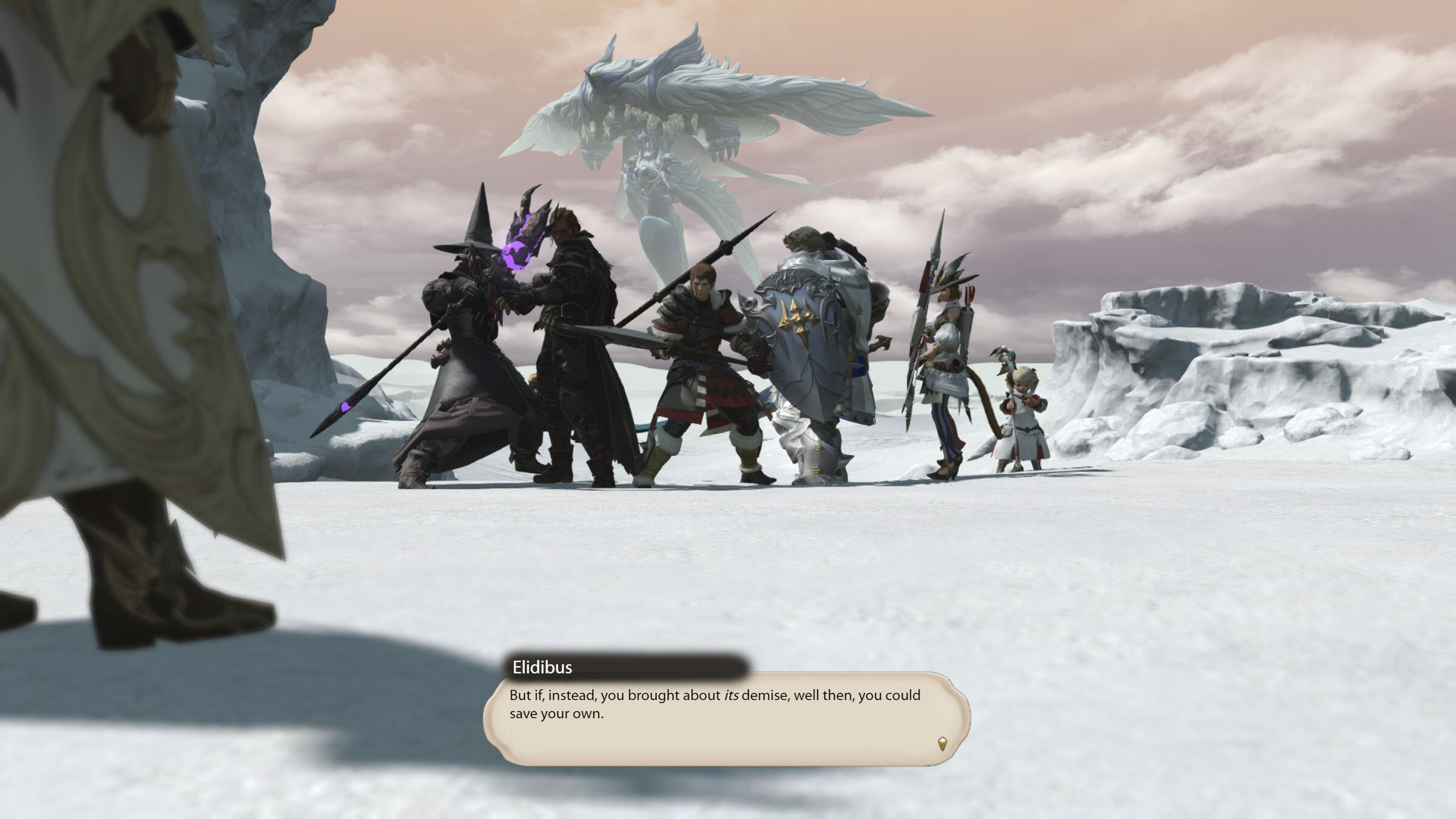 Shot of Ardbert's Warriors of Light with Eden in the background. "But if, instead, you brought about it's demise, well then, you could save your own" says Elidibus
