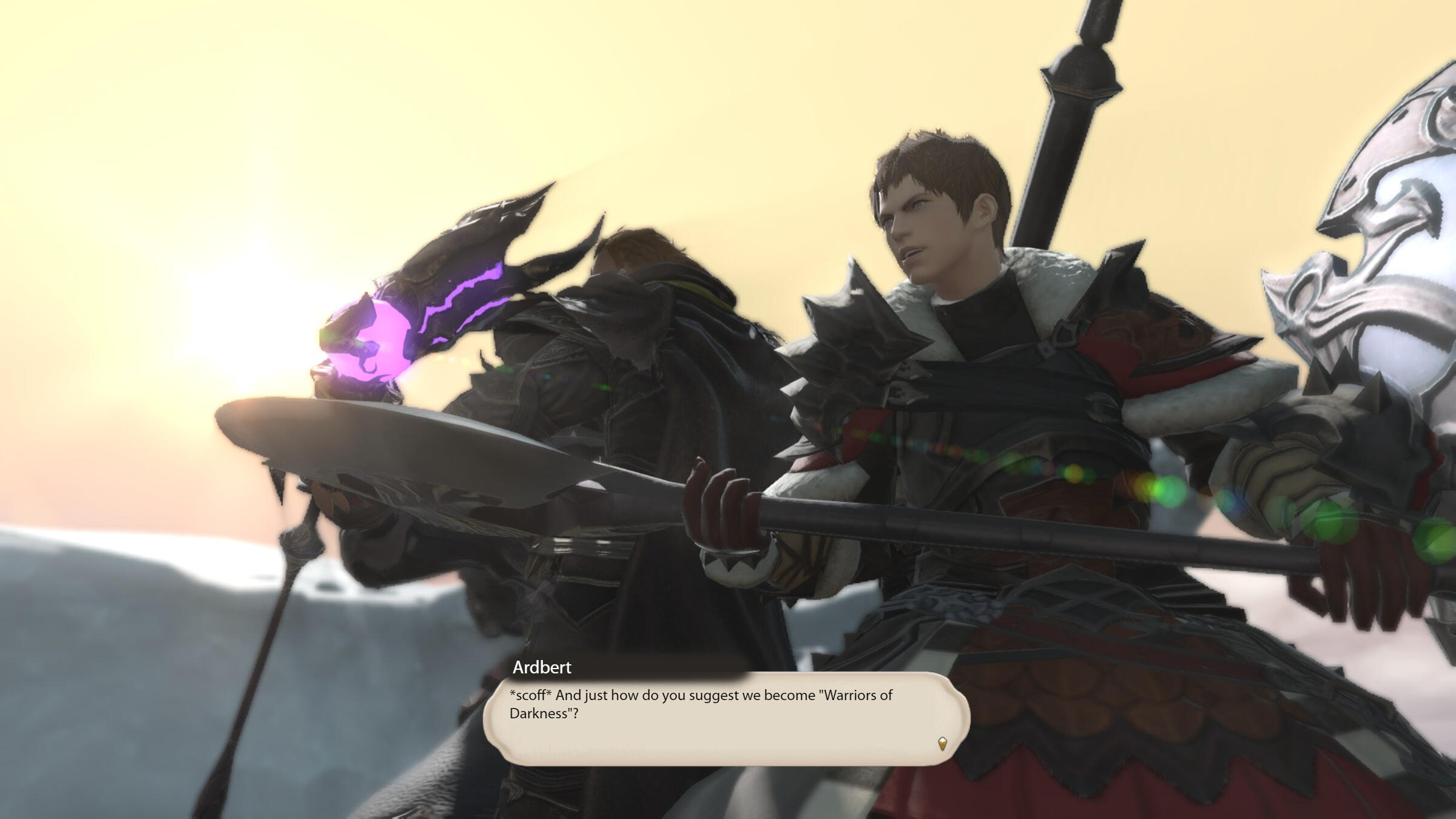 focus on Ardbert from the side. He scoffs and says "And just how do you suggest we become 'Warriors of Darkness'"