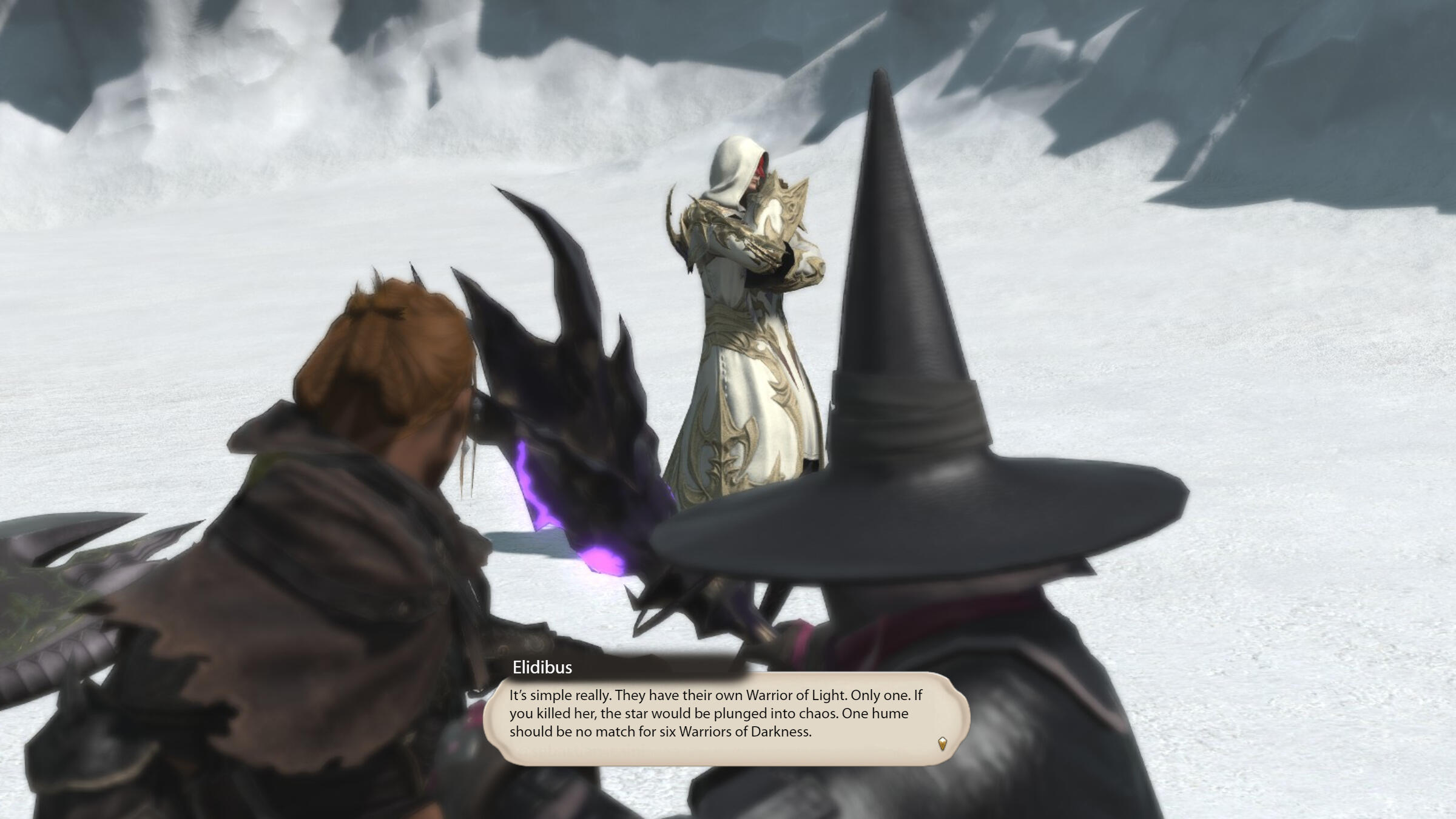 Shot of Elidibus, pacing, the camera behind the Warriors of Light as Elidibus says "It's simple, really. They have their own Warrior of Light. Only one. If you killed her, the star would be plunged into chaos. One hume should be no match for six Warriors o