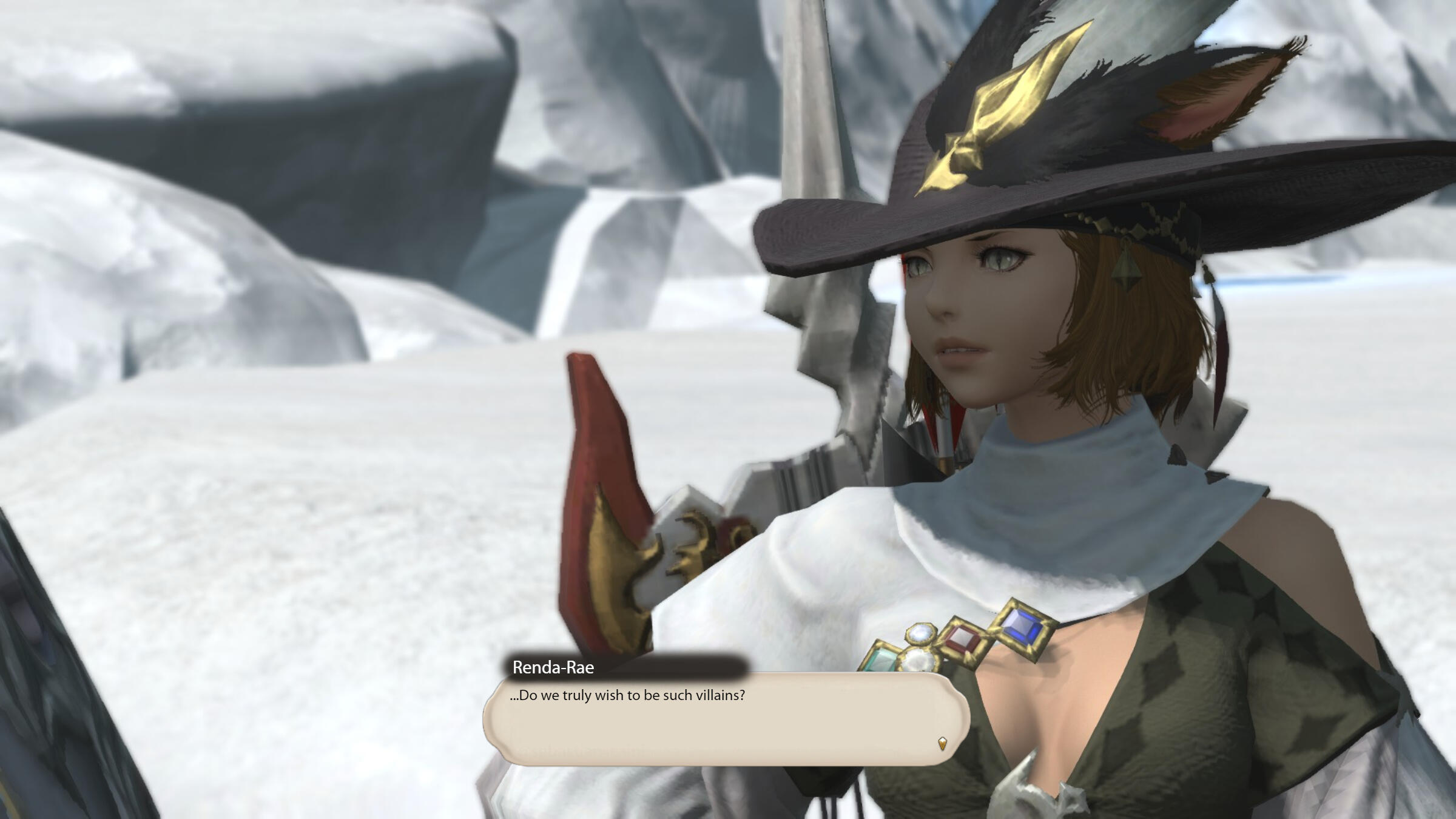 Renda-Rae, looking uncertain, says "...Do we truly wish to be such villains?"