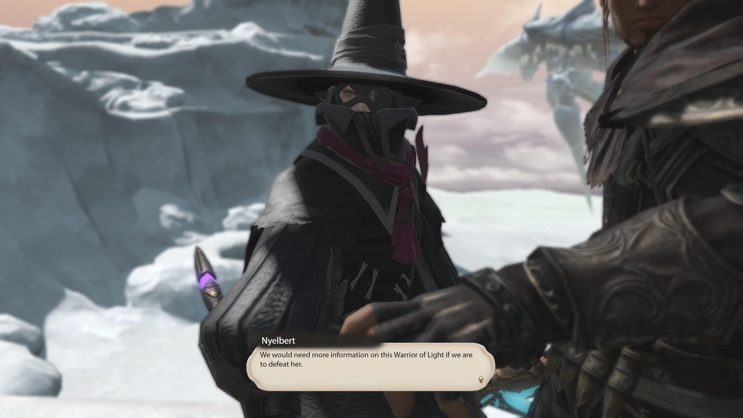 Image of Nyelbert, glaring at Elidibus, his staff lowered, saying "We would need more information on this Warrior of Light if we are to defeat her."