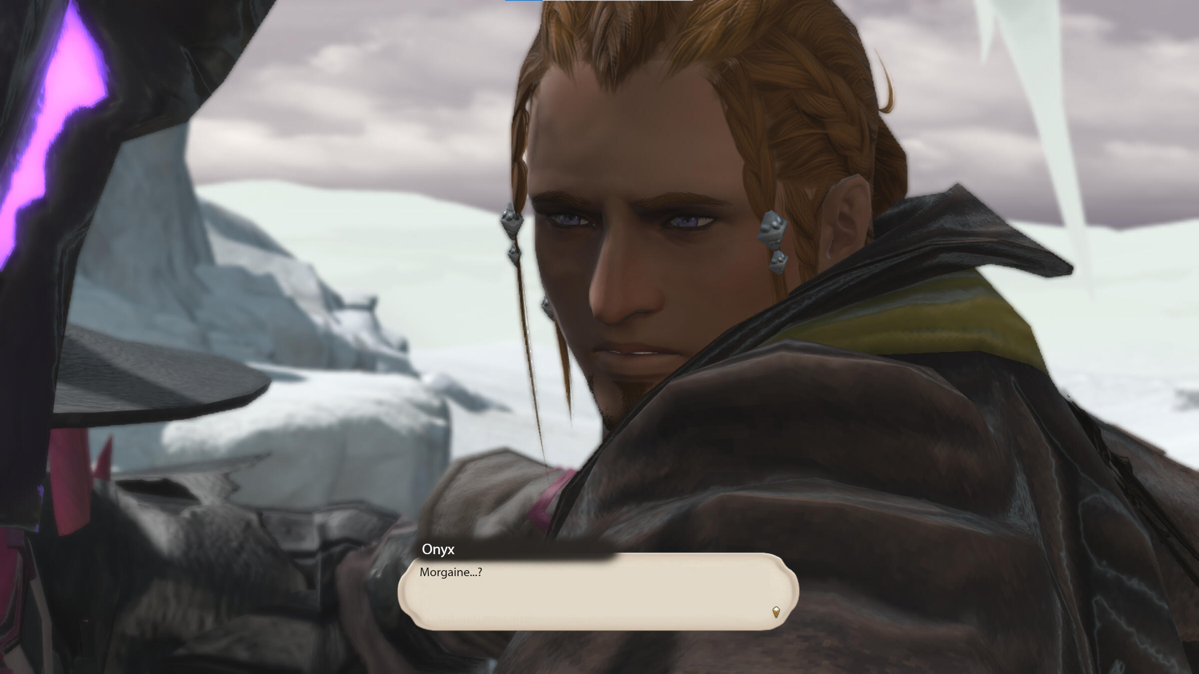 Image of Onyx, a reaper with dark skin and reddish brown hair looking uncertain, saying "Morgaine...?"