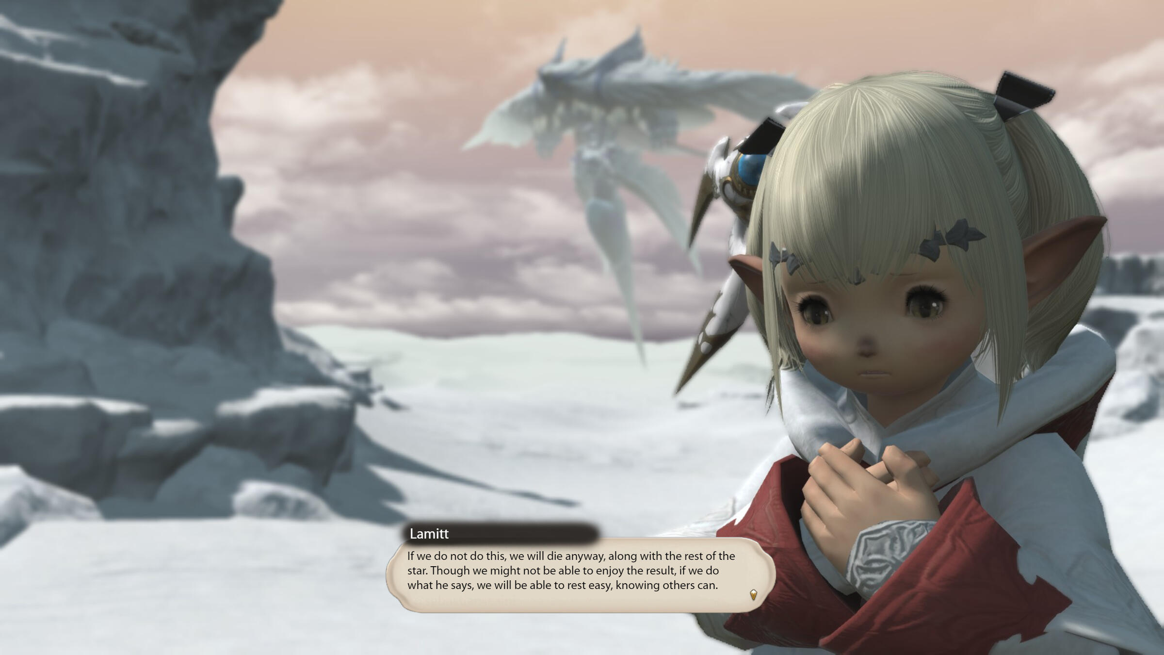 With Eden in the background, Lamitt looks worried, holding her hands to her chest, saying "If we do not do this, we will die anyway, along with the rest of the star. Though we might not be able to enjoy the result, if we do what he says, we will be able to