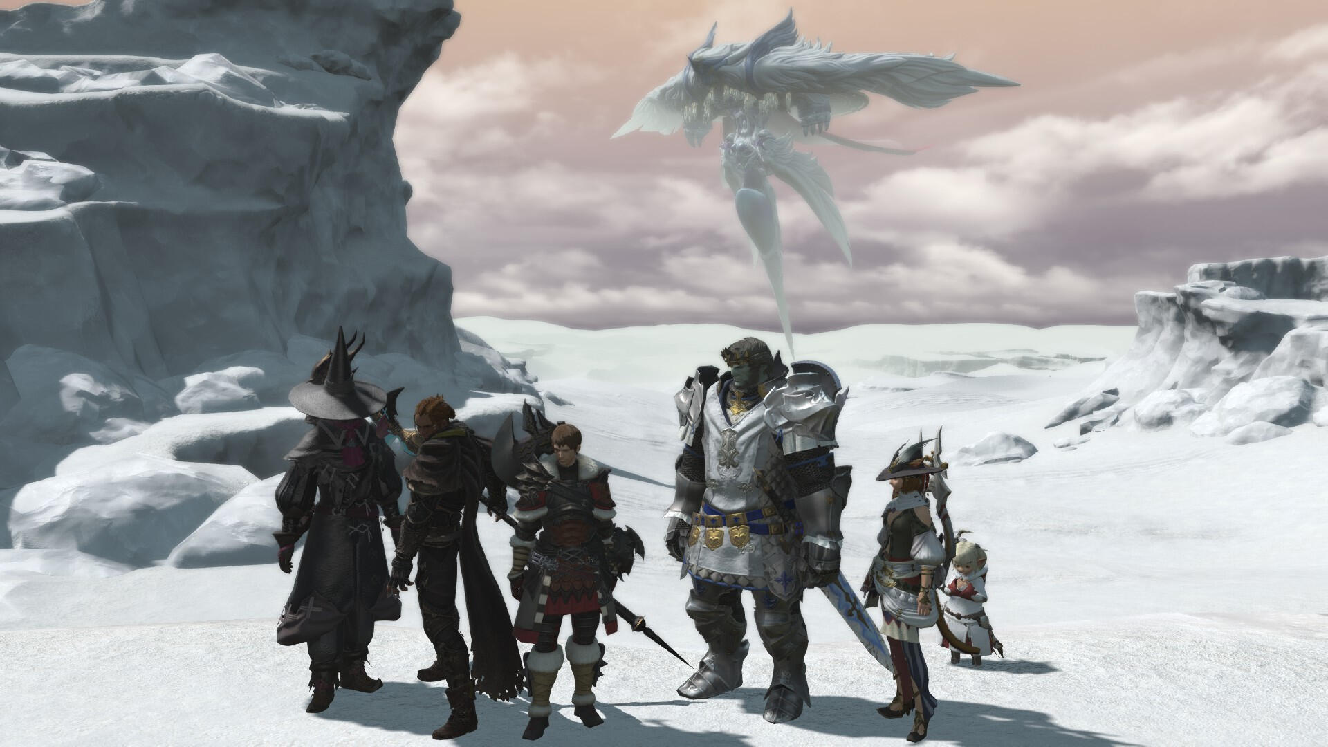 The Warriors of Light look down, defeated, considering the Ascian's offer. Onyx still has not lowered his weapon.