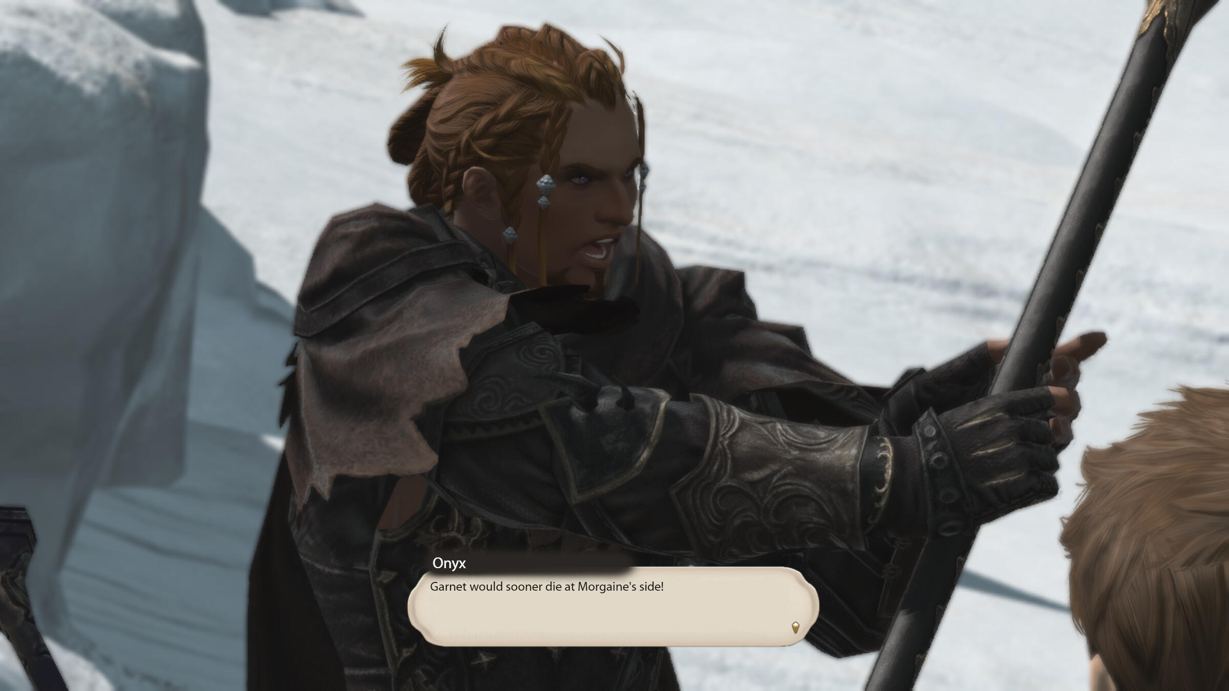 Onyx holds out his weapon in front of him. "Garnet would sooner die at Morgaine's side!" He shouts.