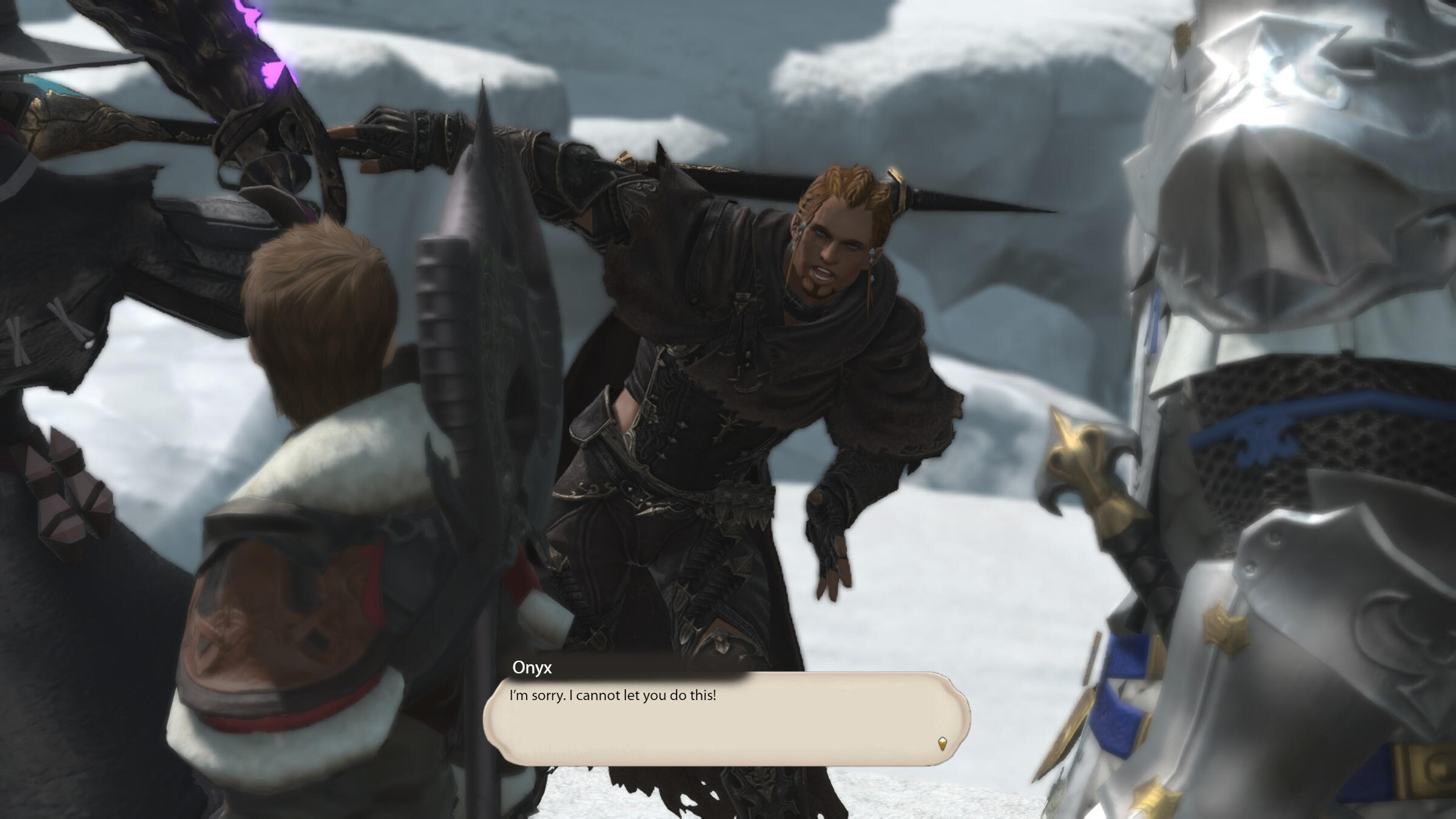 Onyx swings his scythe, declaring "I'm sorry. I cannot let you do this!" though he does not notice that Nyelbert has raised his staff.
