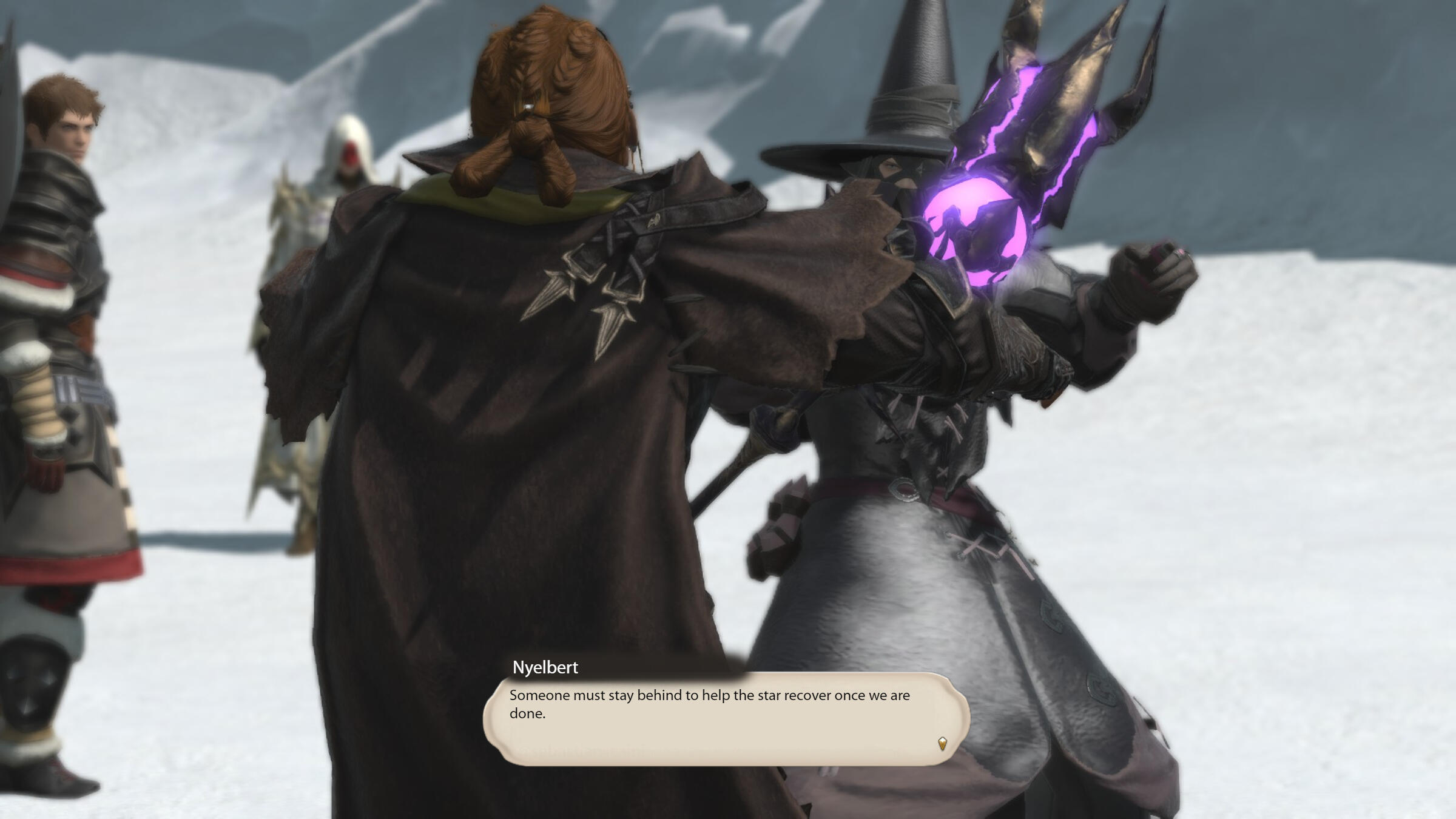 Ardbert and Elidibus watch as Onyx begins to get pulled into the rift. Nyelbert tells him "Someone must stay behind to help the star recover once we are done."