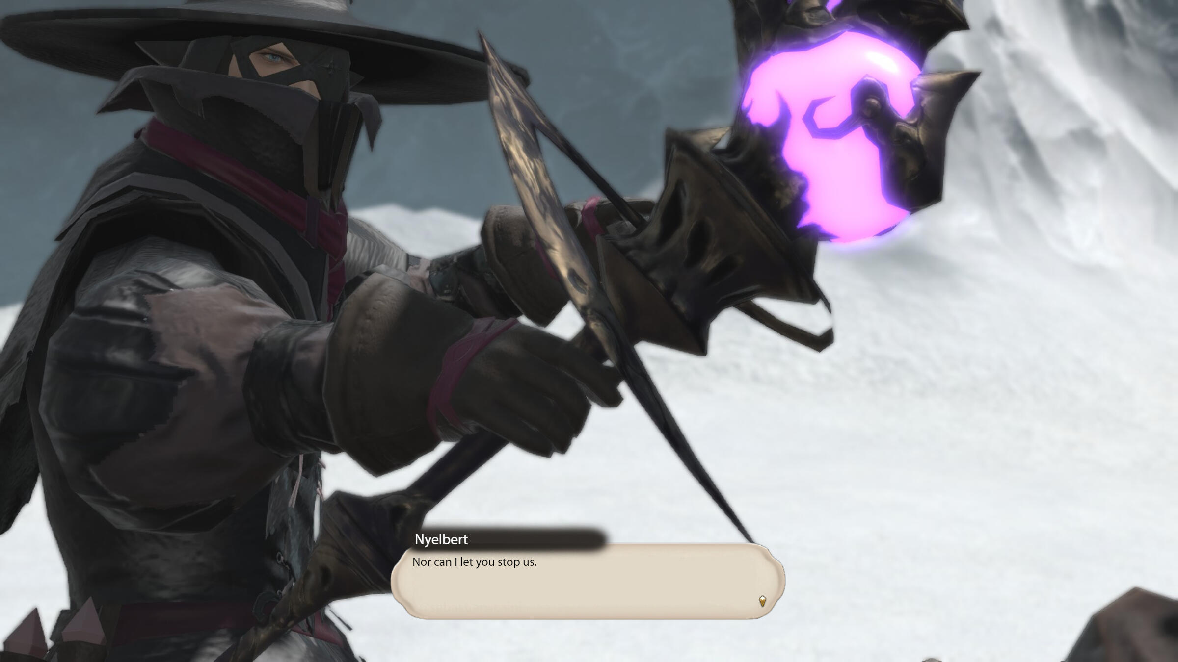 His staff glowing in front of him, Nyelbert says, "Nor can I let you stop us"
